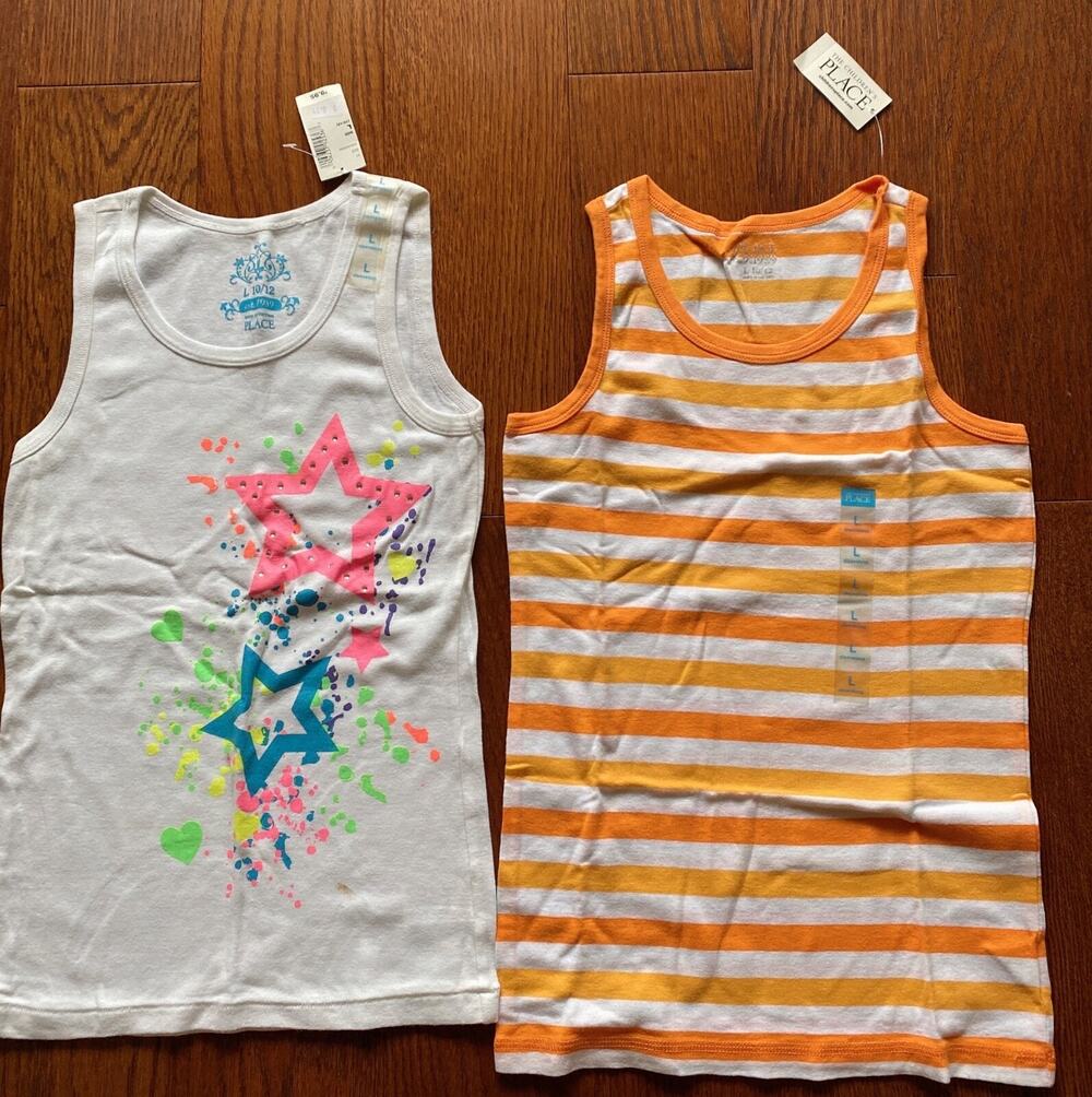 NWT 2*The Children’s Place Girl’s L Orange Striped and Colorful Stars Tank Top
